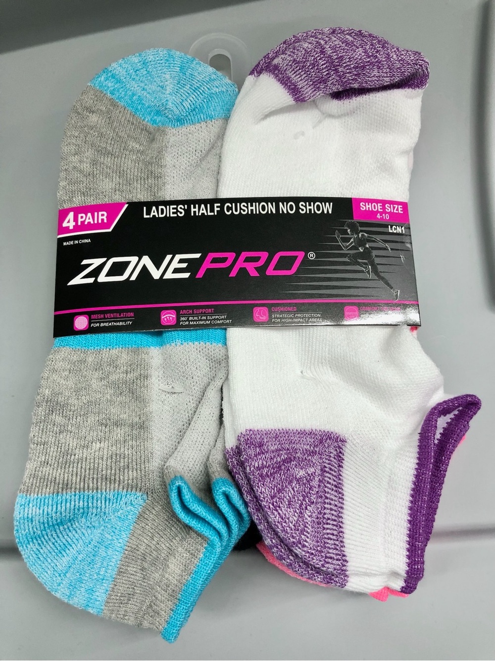 💖$8💖 NEW ZONEPRO Half Cushion No Show Socks, Shoe Size 4-10, 4 Pairs, Women’s